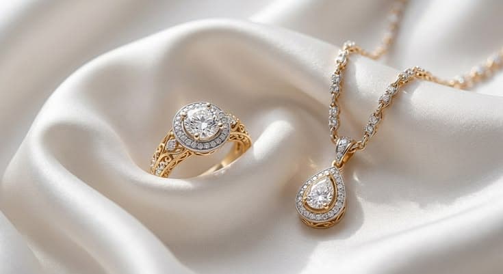 Gold diamond ring with intricate halo setting on silk