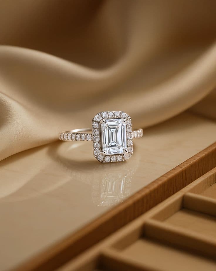 Gold engagement ring with halo setting